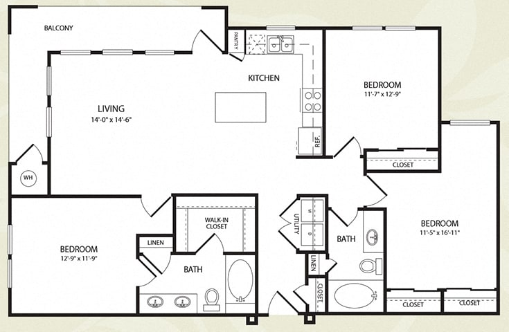 Centro Apartments_Aurora CO_Floor Plan_Three Bedroom Two Bathroom_The Mesa Centro Apartments_Aurora CO_Floor Plan_Three Bedroom Two Bathroom_The Mesa