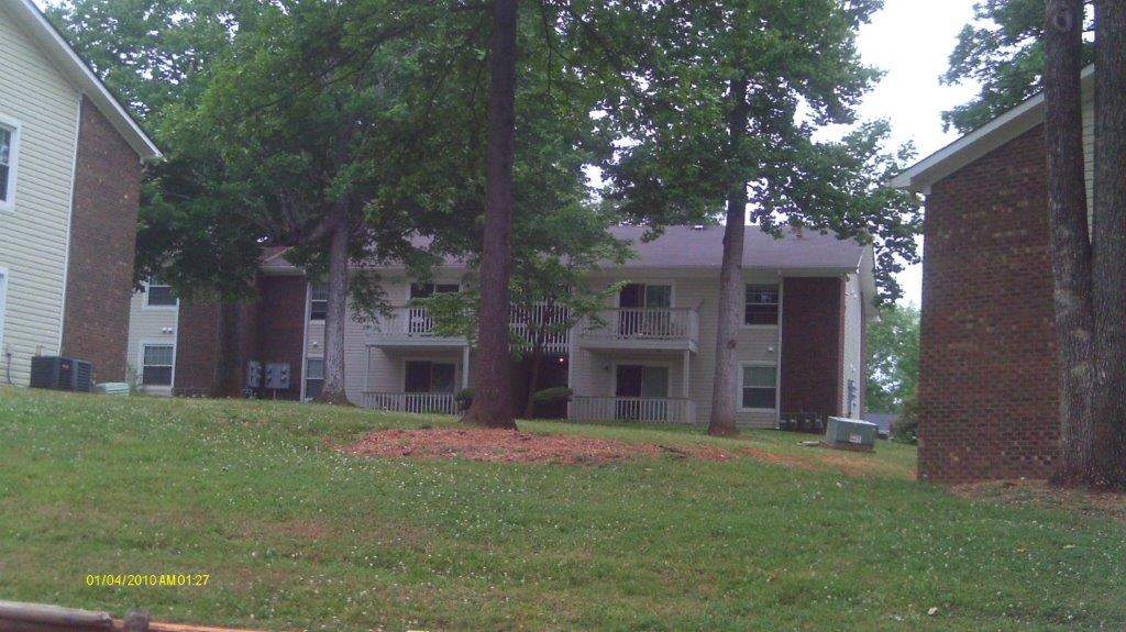 Tree lined view of apartments with balconies