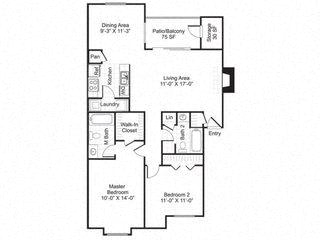 Central on the Green B2 two-bedroom floor plan - Raleigh, NC