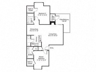 Central on the Green B3 two-bedroom floor plan - Raleigh, NC