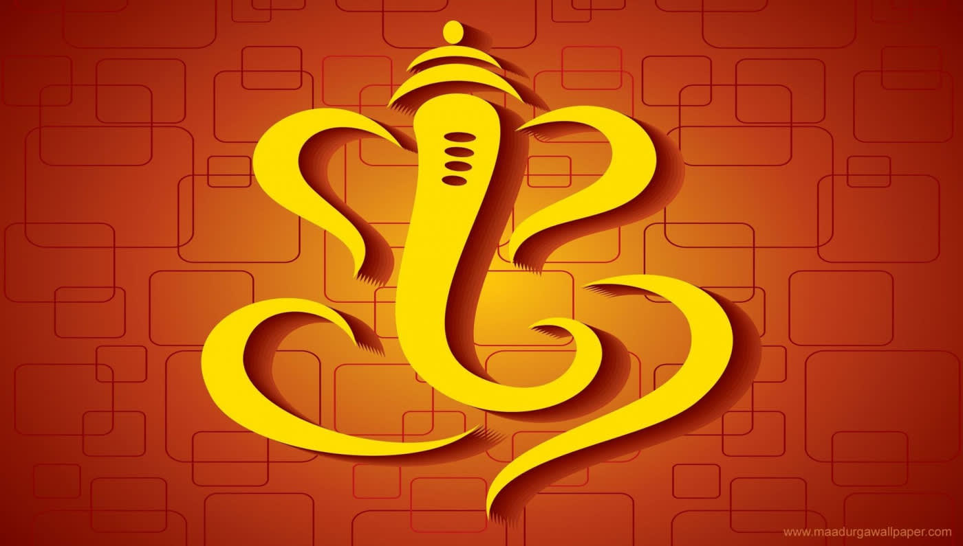 A stylized image of the Hindu deity Ganesha in gold against a red background with a pattern of squares.