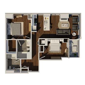 Metro 1 San Mateo 2 Bedroom 2 Bathroom Three Dimensional Floor Plan
