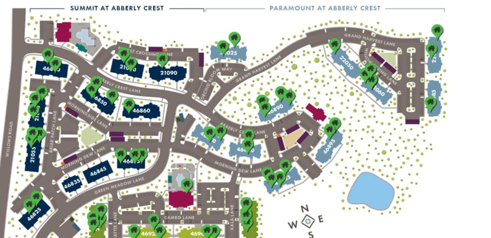 a map of a parking lot with a road and trees