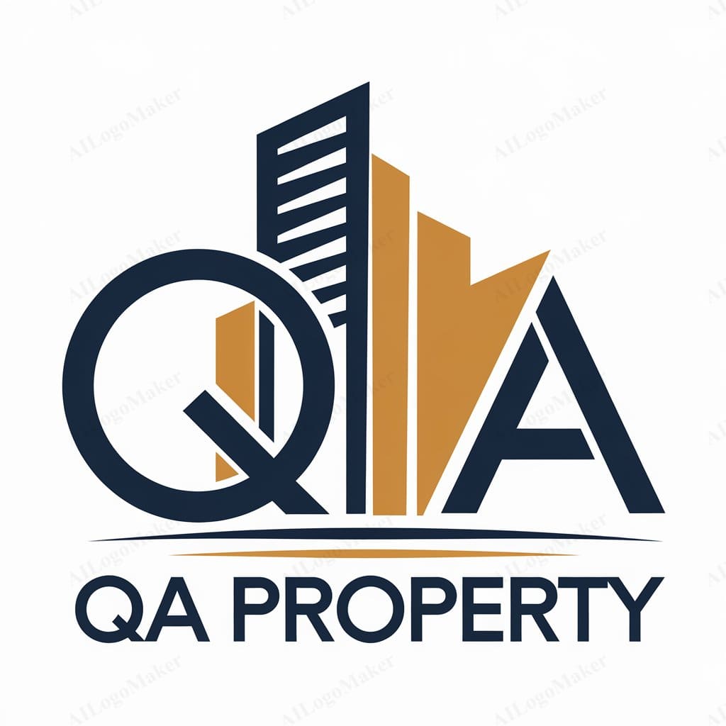 The image is a logo for QA Property, featuring a stylized letter Q and A in front of a graphic of a building.