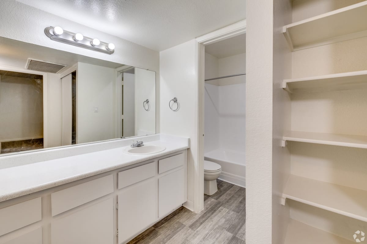 Bathroom vanity and built-in shelving at Sagewood Apartments