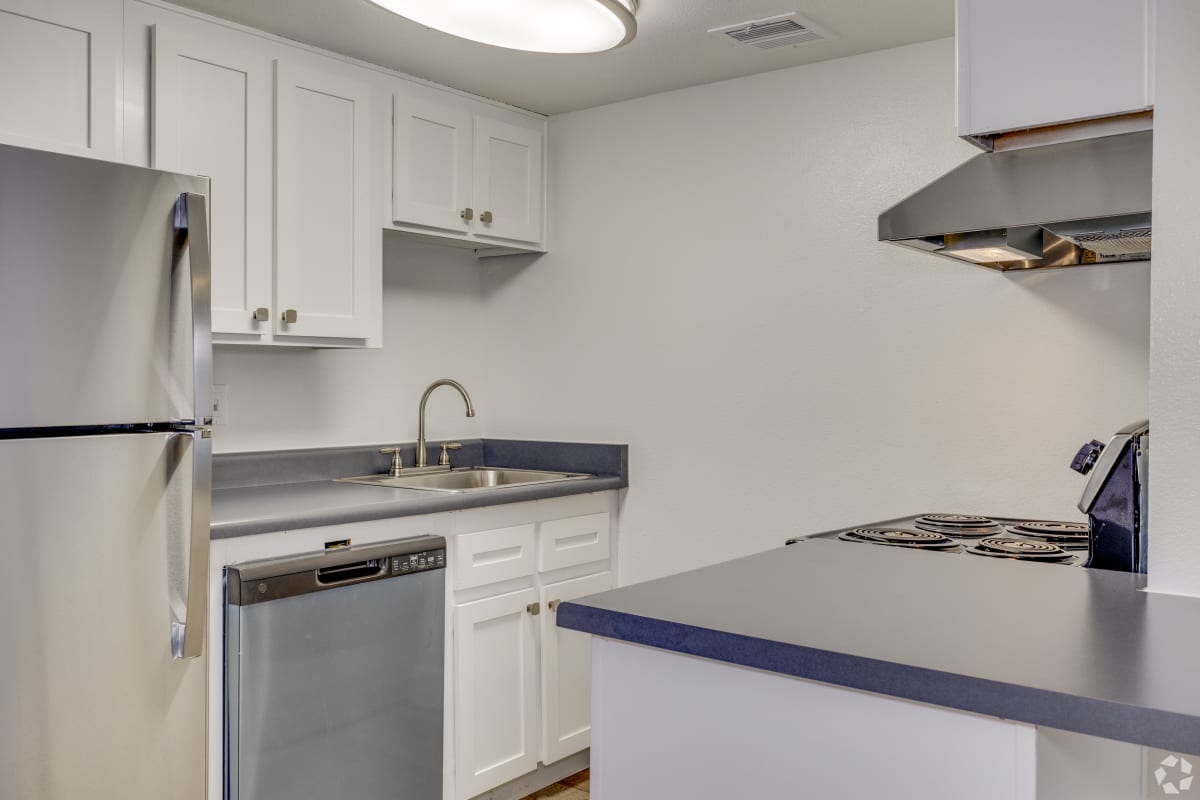 Kitchen with stainless-steel appliances and breakfast counter at Sagewood Apartments