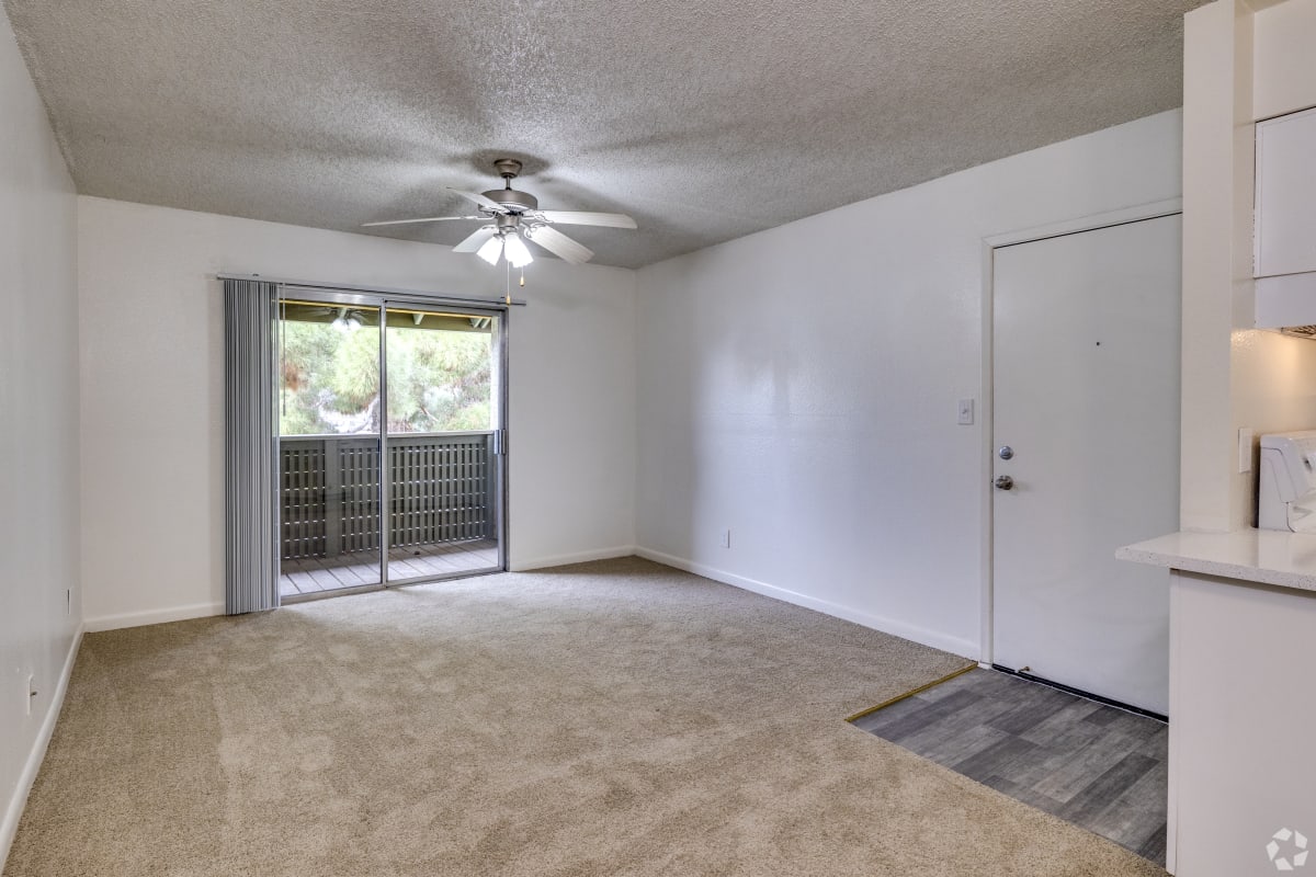Carpeted living room with sliding glass doors at Sagewood Apartments