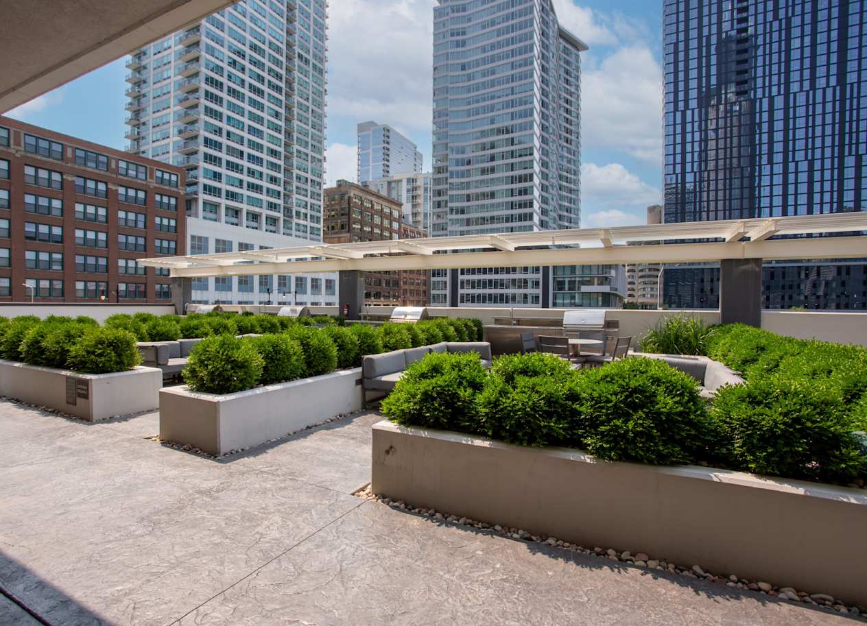 Outdoor Patio with Landscaping and City View at The Grand Central Apartments in Chicago, IL 60607