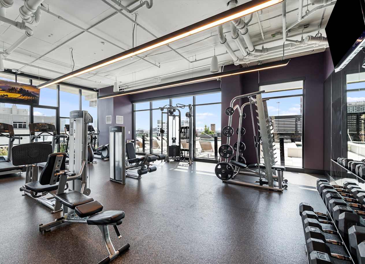 A gym with a variety of equipment including weights and cardio machines.
