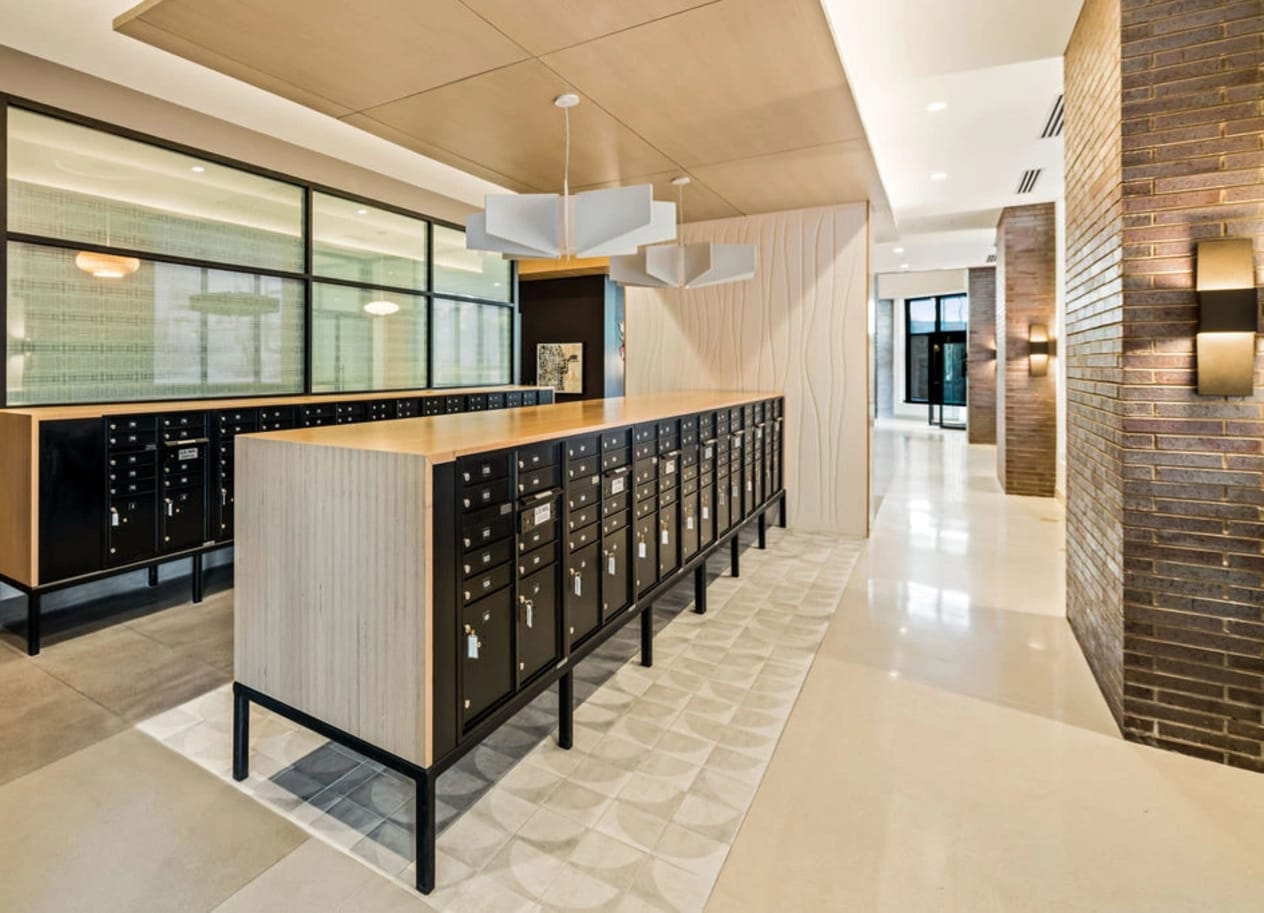 a view of the mailroom from the entrance of the building