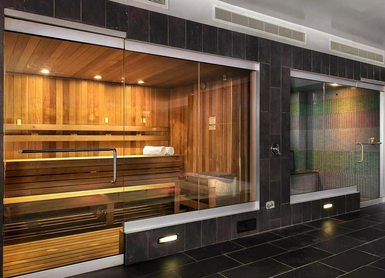 a sauna is seen through a large window