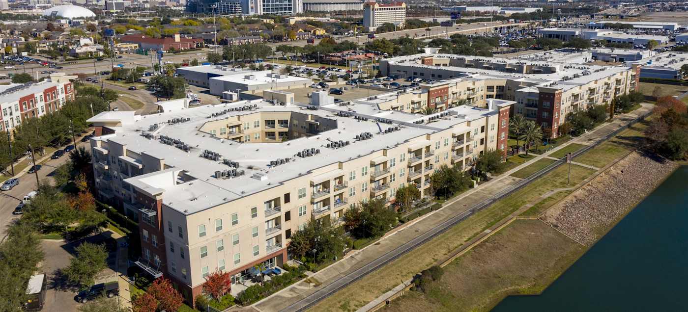 Aerial view of the community beside the lake, looking north toward the Texas Medical Center