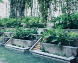 a row of concrete planters with plants in front of a white wall at Villa Espada Apartments, San Antonio, Texas