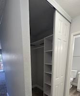 A white closet with shelves and a door open.