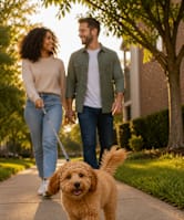 A man and woman walking a dog on a sidewalk.