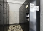 Thumbnail 37 of 74 - A hallway with a marble floor and walls, and a sign that says amazon.