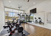 Thumbnail 10 of 39 - a home gym with various exercise bikes and a television on the wall at LynnCora, Grand Prairie, Texas