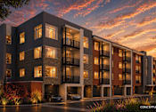 Thumbnail 14 of 14 - A modern apartment building with balconies and a car parked in front.