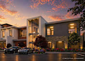 Thumbnail 12 of 14 - A modern house with a car parked in front of it.