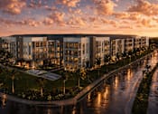 Thumbnail 6 of 15 - A modern residential complex with a pool and palm trees.