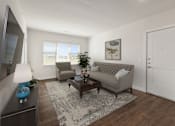 Thumbnail 9 of 30 - A living room with a grey sofa, a coffee table, and a rug.