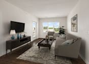 Thumbnail 11 of 30 - A living room with a grey couch, a coffee table, and a television.