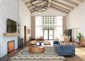 Thumbnail 3 of 12 - a rendering of a living room with a fireplace and a large window