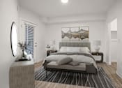 Thumbnail 23 of 28 - A modern bedroom with a large bed and a round mirror on the wall.