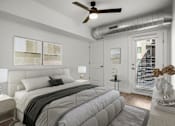 Thumbnail 5 of 28 - A bedroom with a large bed and a ceiling fan.