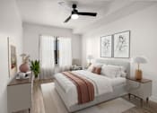 Thumbnail 7 of 28 - A bedroom with a bed, nightstands, and a ceiling fan.