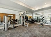 Thumbnail 8 of 49 - A spacious gym with a variety of equipment including treadmills, weights, and exercise machines.