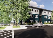 Thumbnail 2 of 4 - A modern building with a car parked in front.