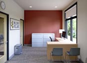 Thumbnail 23 of 28 - A room with a white desk and two chairs.