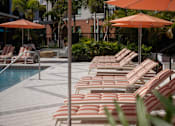 Thumbnail 7 of 19 - A row of sun loungers are arranged on a patio.