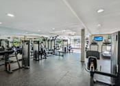 Thumbnail 24 of 33 - Fitness center with cardio and weight machines and large windows at River Oaks at Rochester Hills Apartments.