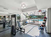 Thumbnail 26 of 33 - Fitness center at River Oaks at Rochester Hills with weight machines and pool visible through glass wall.