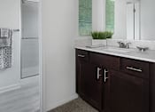 Thumbnail 5 of 33 - Bathroom vanity with dark cabinets, white countertop, mirror, light fixture and shower at River Oaks at Rochester Hills.