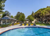 Thumbnail 14 of 25 - Circular pool surrounded by deck chairs, orange tables, trees and grass. Club house and lounge in background
