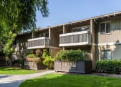 Thumbnail 24 of 25 - Apartments for rent in Santa Cruz, CA - Cypress Point - Building Exterior with Grey-Tan Details, Wood-Style Design, Balconies, Paths, and Green Landscaping