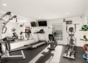 Thumbnail 8 of 33 - A gym with a variety of equipment including treadmills, weights, and exercise balls.