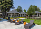 Thumbnail 16 of 25 - Concrete pool deck with brown deck chairs and orange tables. Grass, club house and lounge behind them.