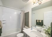 Thumbnail 16 of 51 - a bathroom with a shower and a sink and a mirror