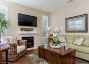 Thumbnail 9 of 29 - A living room with a fireplace, a couch, a chair, a coffee table, and a television.