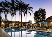 Thumbnail 3 of 36 - A swimming pool surrounded by palm trees and lounge chairs.
