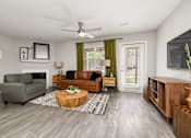 Thumbnail 34 of 48 - Living room with green curtains