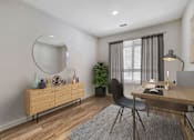 Thumbnail 4 of 28 - A room with a desk, chair, and a mirror on the wall.