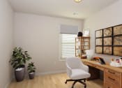 Thumbnail 21 of 60 - a home office with white walls and a wooden desk with a white chair