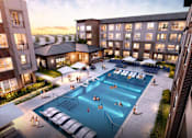 Thumbnail 5 of 20 - Overhead view of a group of people in a pool at Autry at Legacy apartments in Propser, TX.