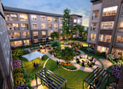 Thumbnail 8 of 20 - Outdoor courtyard with greenery and firepit at Autry at Legacy apartments for rent in Prosper, TX.