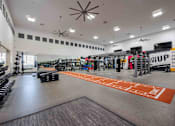Thumbnail 3 of 48 - A gym with a variety of equipment and a large mirror on the wall.